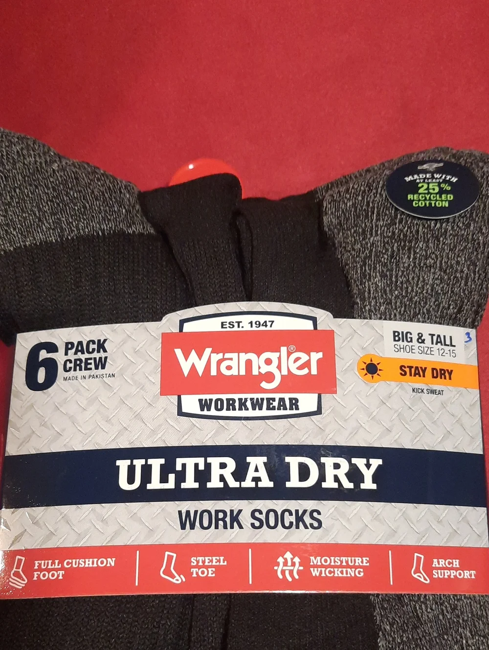 Wrangler Ultra Dry Crew Work Socks - 6 Pack Shoe Size 12-15 For Steel Toe